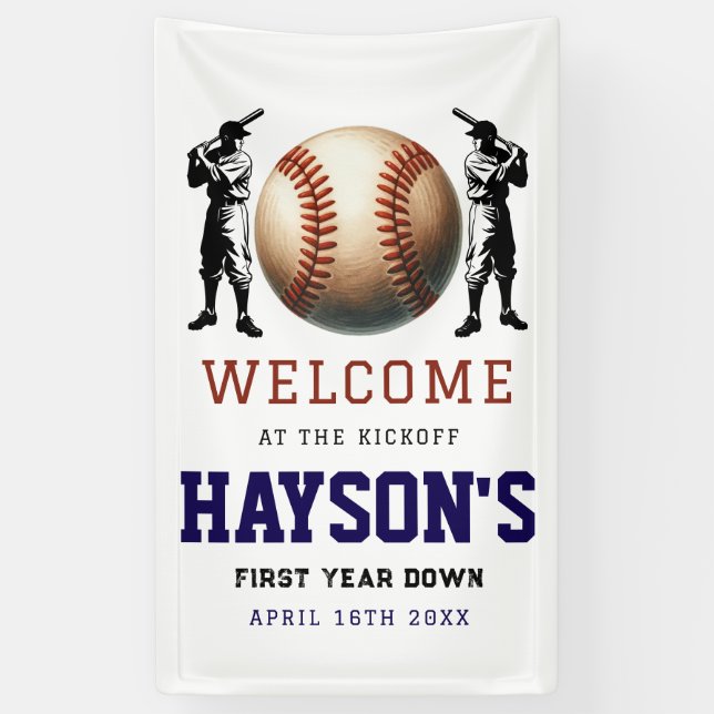 Erstes Jahr im Baseball 1. Geburtstag Willkommen Banner (Vertikal)