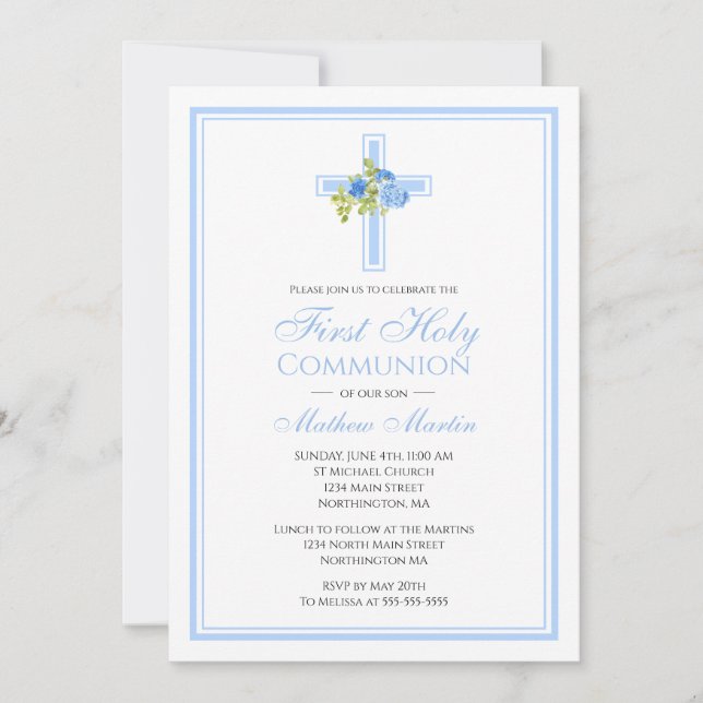 Erstes Kommunenkreuz mit blauen Rose Christlich Einladung (Vorderseite)