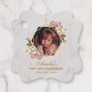 Erstes Kommunion Foto Rosa Orchideen Blumenmarmor Geschenkanhänger