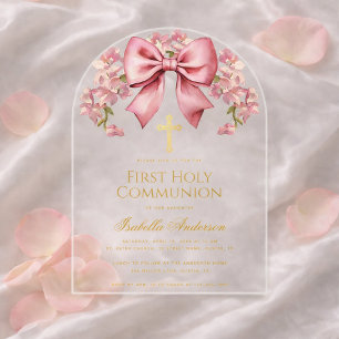 Erstes Kommunion Mädchen Rosa Blumen Elegant Acryleinladungen