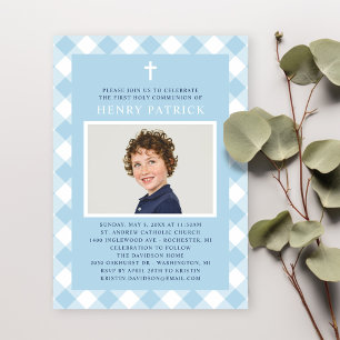 Erstes Kommunionsfoto für Jungen in Blau Gingham K Einladung