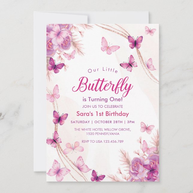 Erstes Lila Blumenbutterflies-Mädchen zum 1. Gebur Einladung (Vorderseite)