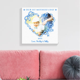 Erstes Muttertags-Foto Herzrahmen Babyblauer Bogen Leinwanddruck