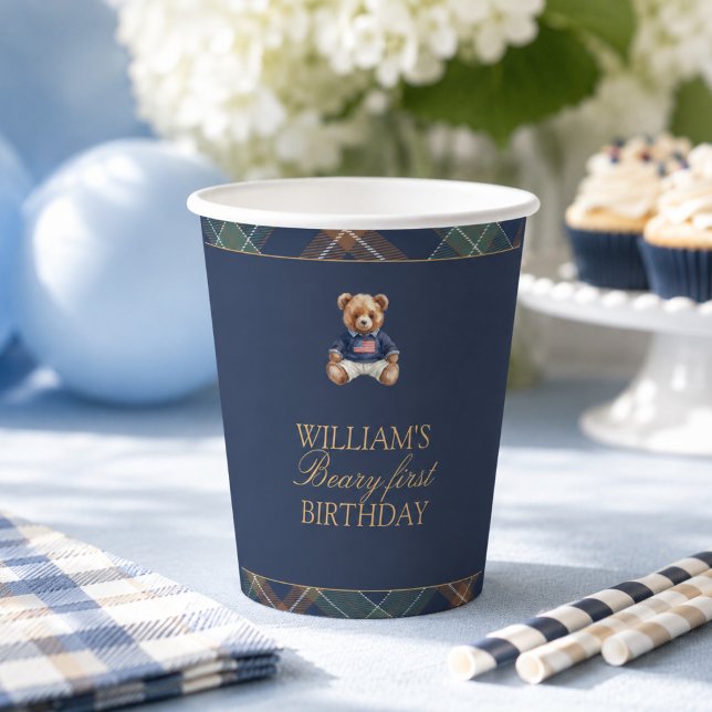 Erstes Navy-Karobär-Bärchen-Geburtstag  Pappbecher (Von Creator hochgeladen)