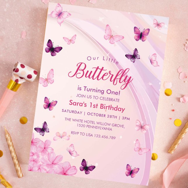 Erstes Pink & lila Schmetterlinge Party zum 1. Geb Einladung (Von Creator hochgeladen)