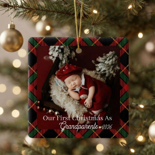 Erstes Weihnachten als Großeltern Rotes Karo Foto Keramikornament