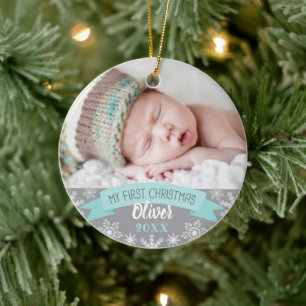 Erstes Weihnachten Aqua Blau Baby Junge Foto Keramik Ornament