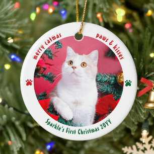 Erstes Weihnachten der Katze, individuell mit 2 Fo Keramik Ornament