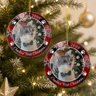 Erstes Weihnachten der Katze Rot-Schwarz Karo Foto Keramik Ornament
