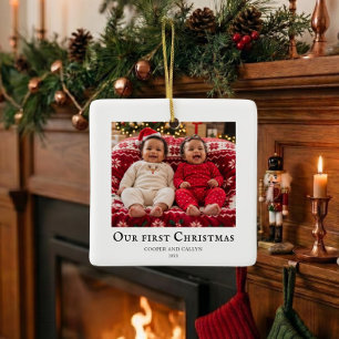 Erstes Weihnachten der Zwillinge Babyfoto Weiß Keramikornament