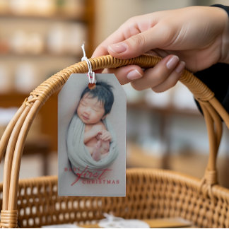 Erstes Weihnachten des Babys Foto Moderne rote Typ Geschenkanhänger