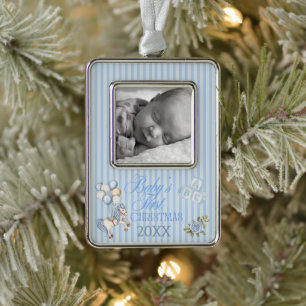Erstes Weihnachten des Babys Süßes Blaues Wasserfa Rahmen-Ornament Silber