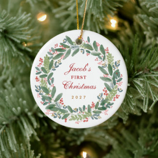 Erstes Weihnachten des Babys Wasserfarben-Kranz Keramik Ornament