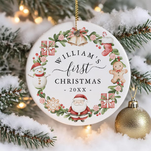 Erstes Weihnachten des Babys Wasserfarben-Kranz Keramik Ornament