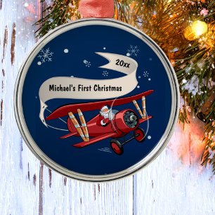 Erstes Weihnachten des Jungen Santa Flugzeug Perso Ornament Aus Metall