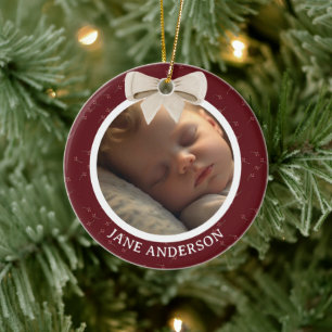 Erstes Weihnachten Foto Baby Weiße Schleife Rot Keramik Ornament
