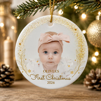 Erstes Weihnachten Foto Name Jahr Gold Keramik Ornament
