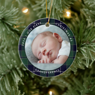 Erstes Weihnachten Großeltern Blau Grün Kariert Fo Keramik Ornament
