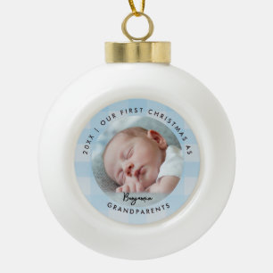Erstes Weihnachten Großeltern Blau Kariert Baby-Fo Keramik Kugel-Ornament