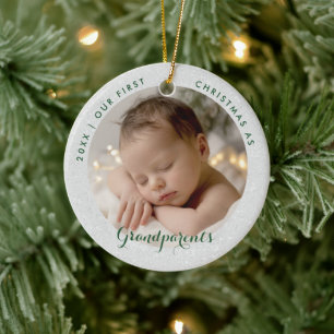 Erstes Weihnachten Großeltern Grüne Schrift Foto Keramik Ornament