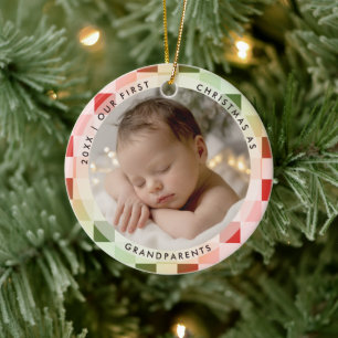 Erstes Weihnachten Großeltern Retro Kariertes Foto Keramik Ornament