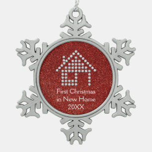 Erstes Weihnachten im neuen roten Glitzer des Schneeflocken Zinn-Ornament
