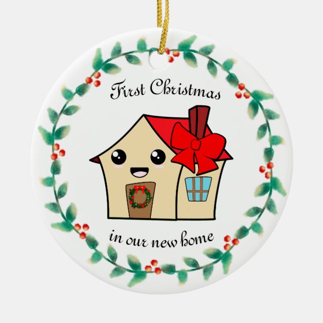 Erstes Weihnachten im neuen Zuhause personalisiert Keramik Ornament (Vorne)