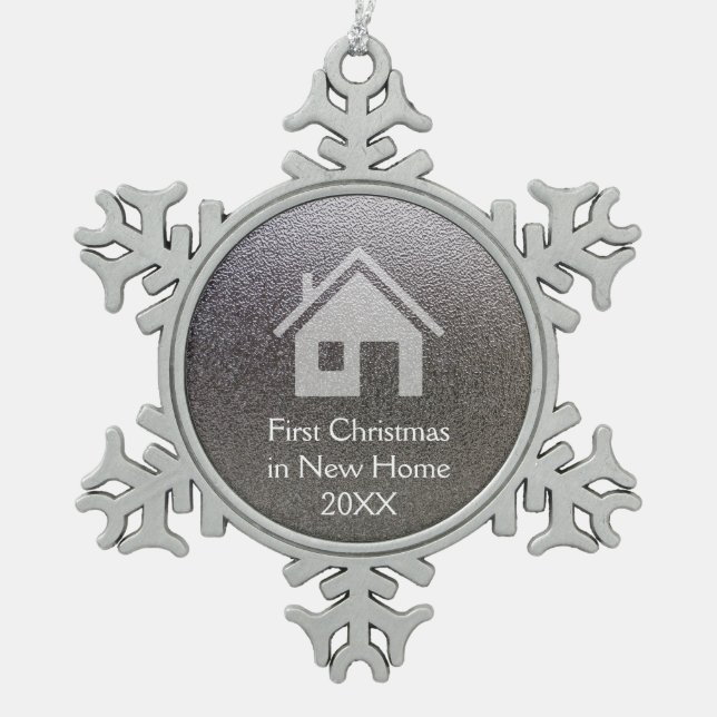 Erstes Weihnachten im neuen Zuhause Schneeflocken Zinn-Ornament (Vorderseite)