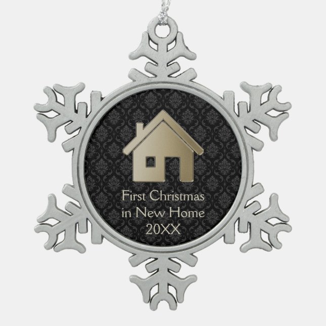 Erstes Weihnachten in neuem Zuhause | Damast Schneeflocken Zinn-Ornament (Vorderseite)