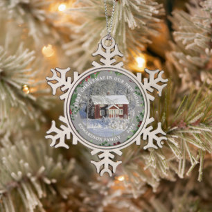 Erstes Weihnachten in unserem neuen Zuhause Foto Schneeflocken Zinn-Ornament