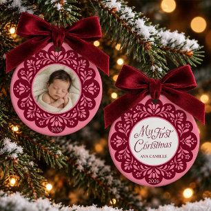 Erstes Weihnachten Mädchen Rosa Florales Foto Keramik Ornament