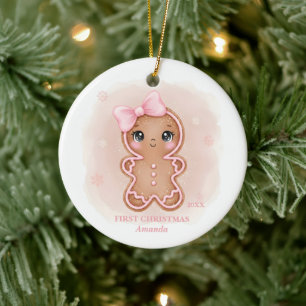 Erstes Weihnachten Mädchen Rosa Lebkuchen Foto Keramik Ornament