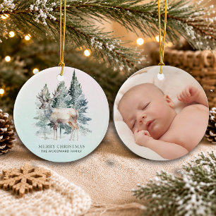 Erstes Weihnachten mit Baby-Foto im Wald Keramik Ornament