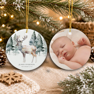Erstes Weihnachten mit Baby-Foto im Wald Keramik Ornament