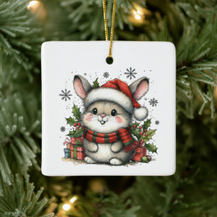 Erstes Weihnachten mit süßem Hasen und Geschenken Keramikornament