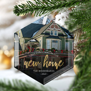 Erstes Weihnachten Neues Zuhause Gold Schrift Foto Ornament Aus Glas