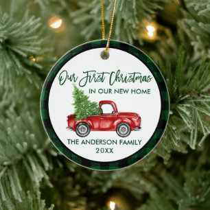 Erstes Weihnachten Neues Zuhause LKW Grün Kariert Keramik Ornament