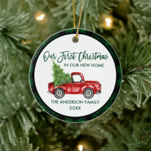 Erstes Weihnachten Neues Zuhause LKW Grün Kariert Keramik Ornament