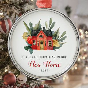 Erstes Weihnachten neues Zuhause Wasserfarbenhaus Ornament Aus Metall