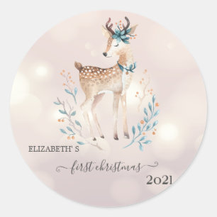 Erstes Weihnachten, niedliches Hirsch-Weihnachten Runder Aufkleber