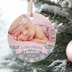 Erstes Weihnachten Rosa Baby Mädchen Foto Ornament