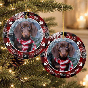 Erstes Weihnachten Schneeflocke Foto Rot Kariert H Keramik Ornament