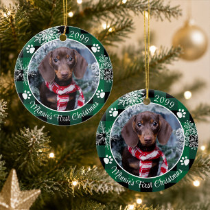 Erstes Weihnachten Schneeflocken-Foto Grün Kariert Keramik Ornament