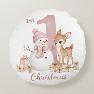 Erstes Weihnachten Schneemann Reh Mädchen Rundes Kissen
