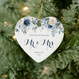 Erstes Weihnachten Verheiratet Blau Floral Herr un Keramik Ornament