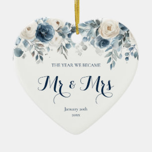 Erstes Weihnachten Verheiratet Blau Floral Herr un Keramik Ornament