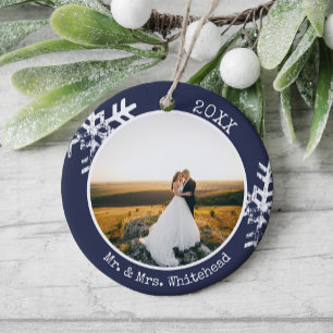 Erstes Weihnachten Verheiratet Foto Elegantes Navy Keramik Ornament