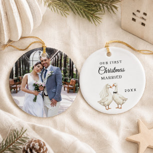 Erstes Weihnachten Verheiratet Foto Gans Paar Keramik Ornament