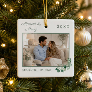 Erstes Weihnachten verheiratet Foto weiße Grünpfla Keramikornament