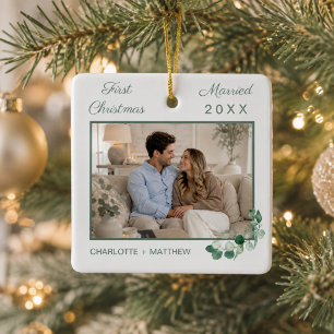 Erstes Weihnachten verheiratet Foto weiße Grünpfla Keramikornament